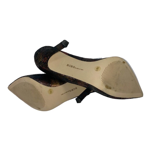 BCBGeneration Treasure Red Gold Leather Snake Print Heel Pointy Toe Pump sz 7.5 - Picture 12 of 13
